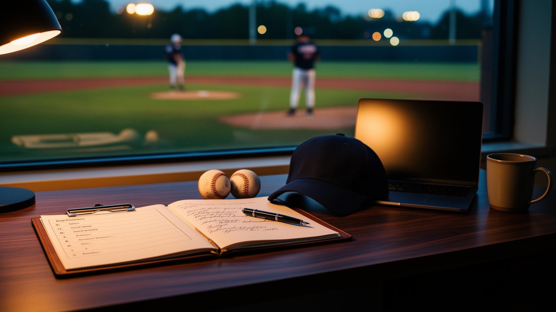 A recruiting advisor's desk — notebook, clipboard, baseballs, and a laptop staged in front of a window onto a baseball field at dusk.
